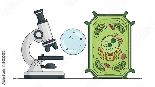 Microscope observing a plant cell and a petri dish