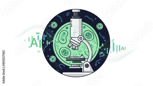 Microscope with circular biological sample and AI graphics