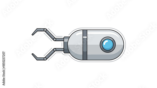 Robotic claw with a cylindrical body and a blue lens
