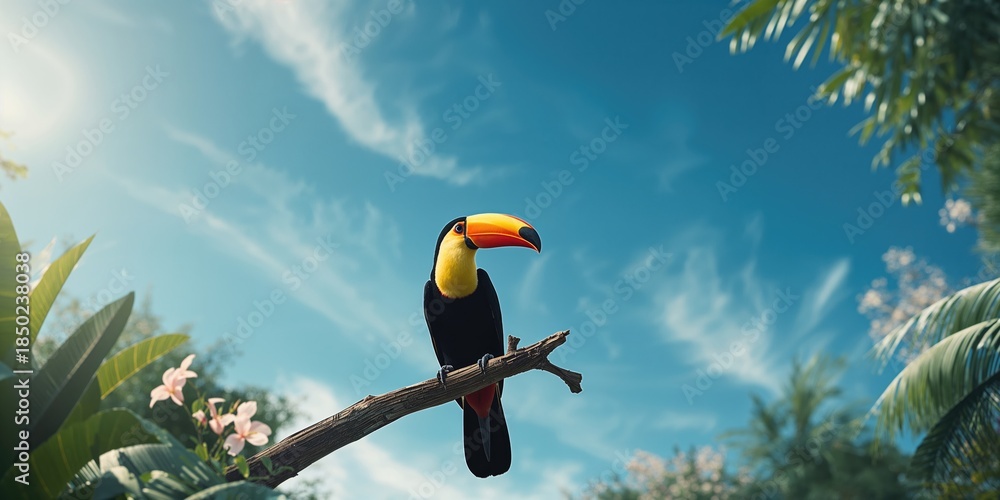 Obraz premium Side view of a Toco toucan on a tree limb with a blue sky backdrop, highlighting wildlife preservation