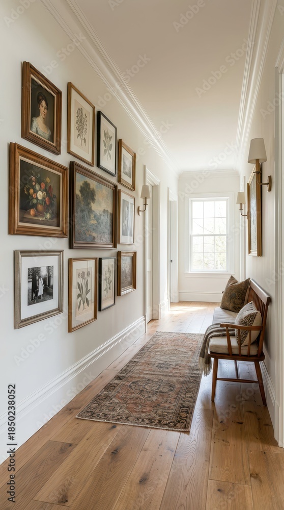 Fototapeta premium Elegant Hallway Interior with Artwork and Natural Light Fixtures