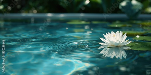 Fototapeta Naklejka Na Ścianę i Meble -  Water lily on pool surface, summer nature scene, flower and leaf details, water and water reflection, Earth Day