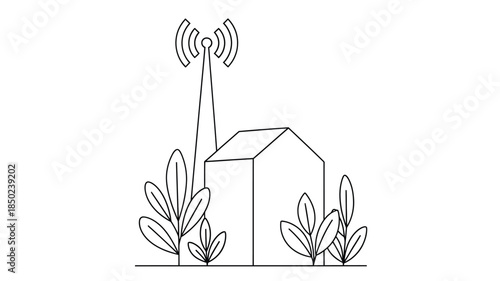 Simple sketch of a cell tower near a house with surrounding foliage and landscape