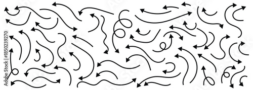 Black thin line curve arrow set. doodle arrows indicating multiple way.  Black thin arrows isolated on white background.