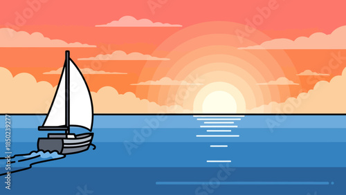 Sailboat on the ocean at sunset with a gradient sky