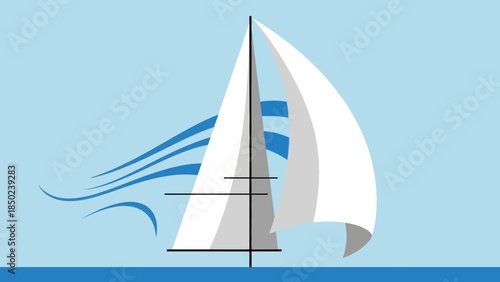 Sailboat with white sails on a blue sea under a light blue sky
