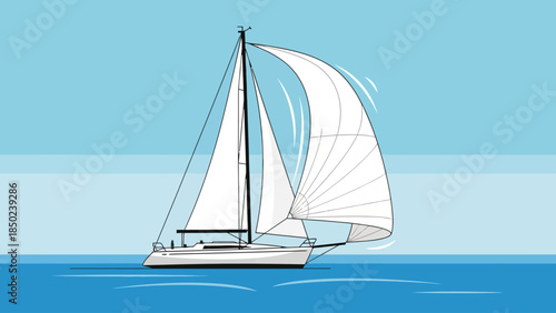 Sailboat with white sails on blue water under a blue sky