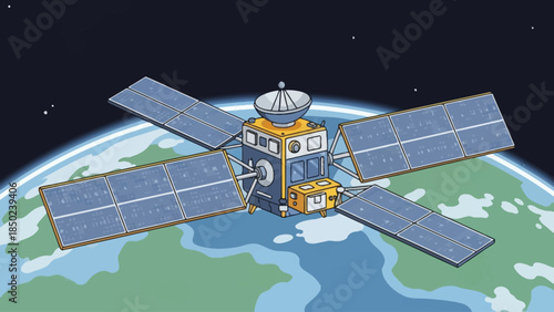 Satellite orbiting planet Earth in space with solar panels extended