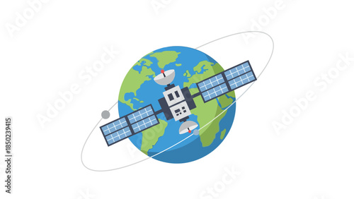 Satellite orbiting planet Earth with solar panels and antennas