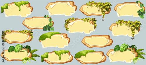 Set blank invitations, maps, jungle plants. Wooden signboards with old paper, stems ivy, liana, grapes, vine, swamp moss, forest lichen. 3d elements for messages, banners, notebooks, mobile games.