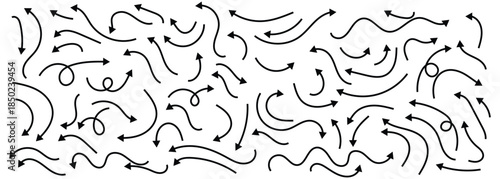 Hand-drawn black line Curve arrows in simple doodle styles. Unique arrow set for direction and design elements. Doodle arrow set isolated on white background.