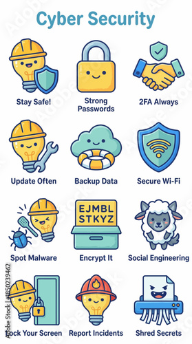 Cartoon Style Cyber Security Icon Pack with Various Concepts such as Password Protection and Data Safety Themes on White Background