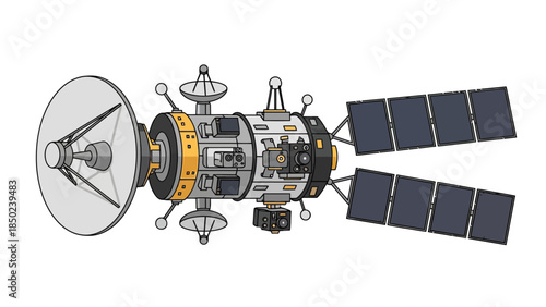 Satellite with dish antenna cameras and solar panels