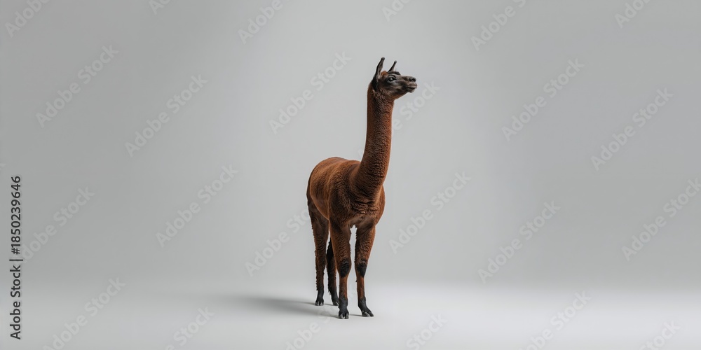 Fototapeta premium A standing brown llama looking up against a neutral background, highlighting animal behavior and awareness