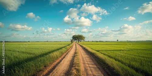 Fototapeta Naklejka Na Ścianę i Meble -  Scenic summer road amid green fields and trees, suitable for travel and nature exploration