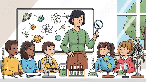 Science class with teacher students microscope globe skeleton and whiteboard
