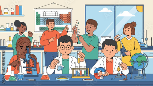 Science lab with children performing experiments