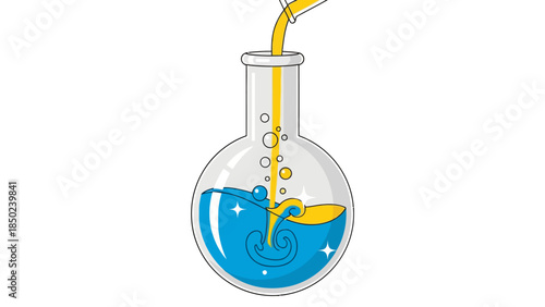 Scientific flask with blue and yellow liquid and bubbles