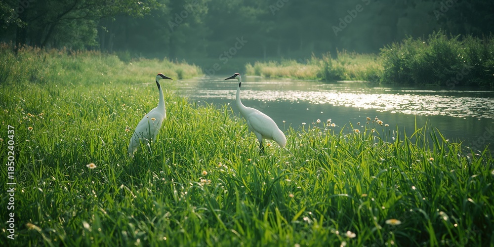 Fototapeta premium Group of white cranes amid vibrant mosaic grass in an open landscape, highlighting bird conservation