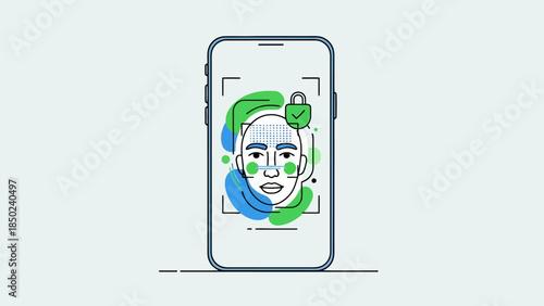 Smartphone screen displays a face being scanned for facial recognition