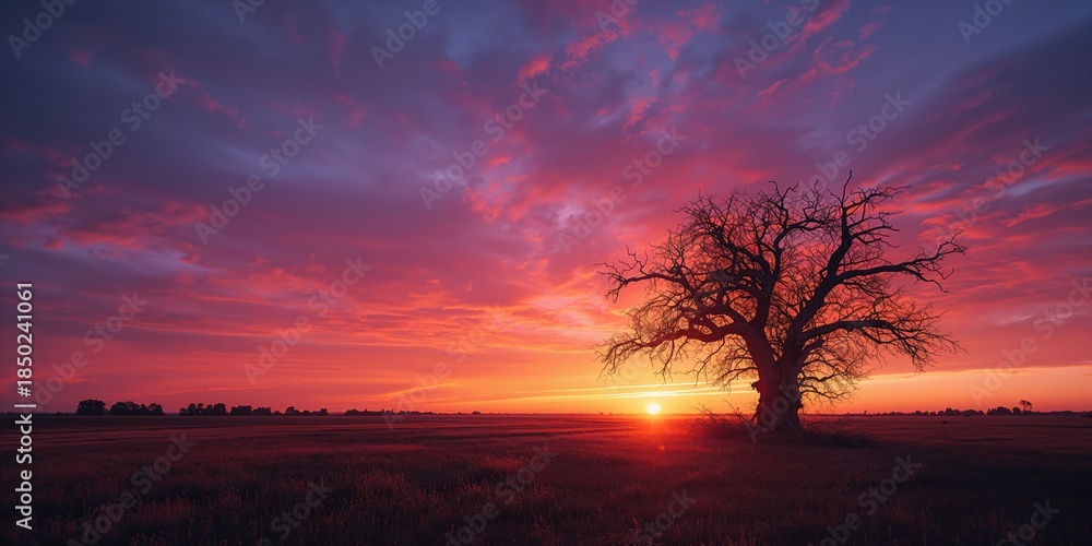 Obraz premium A sunset behind a withered tree highlights seasonal change, ideal for nature preservation themes