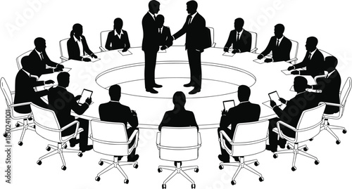 Business meeting silhouettes with executives handshake around conference table showing corporate teamwork leadership isolated on white background
