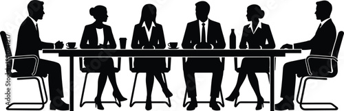 Business team meeting silhouettes at conference table showing corporate discussion teamwork professional workplace isolated on white background