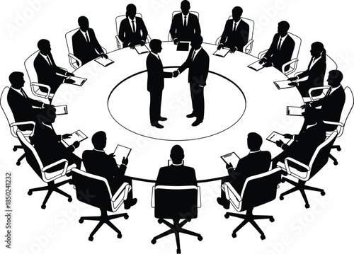 Corporate board meeting silhouettes with executives handshake around round table showing leadership teamwork isolated on white background