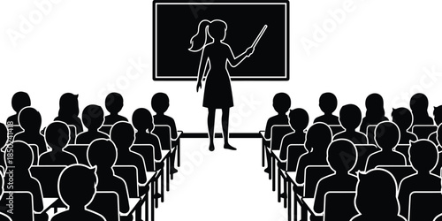 Female teacher lecturing in classroom silhouette with students audience education learning concept presentation isolated white background