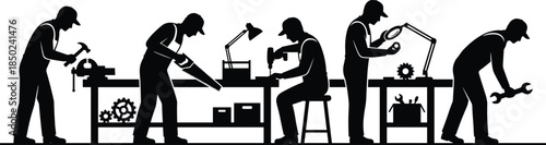 Industrial workers silhouettes performing mechanical repair and manufacturing tasks showing workshop labor engineering industry isolated on white background