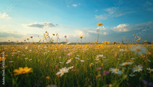Fototapeta Naklejka Na Ścianę i Meble -  Flower and grass meadow under clear blue sky, designed as a peaceful nature backdrop for layout or editorial use, Earth Day