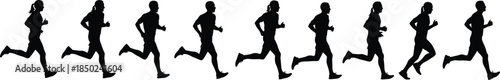 Multiple runners jogging motion sequence silhouettes showing endurance cardio fitness training isolated on dark background