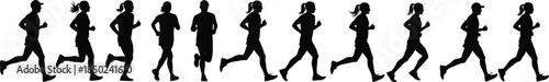 Row of runners jogging motion sequence silhouettes showing endurance fitness training isolated on dark background