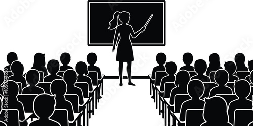 Teacher classroom lecture silhouette with students audience learning education concept presentation school lesson isolated white background