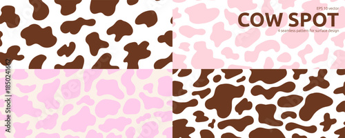 Cow Stain Skin Seamless Pattern Set. Seamless Animal Texture with Milk Sport Print Kit. Vector Doodle Surface Design Bundle