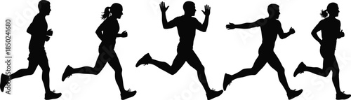 Runners sprinting motion sequence silhouettes showing speed endurance athletic fitness training isolated on dark background