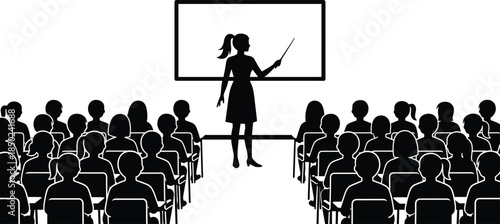 Teacher giving classroom presentation silhouette with students audience education lecture concept isolated on white background illustration
