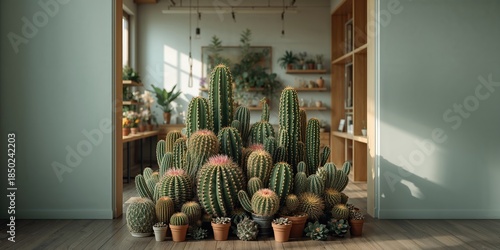 Display of different Gymno and Gymnocalycium cacti in a flower shop setting, highlighting succulent collection for sale in Batu City, Indonesia