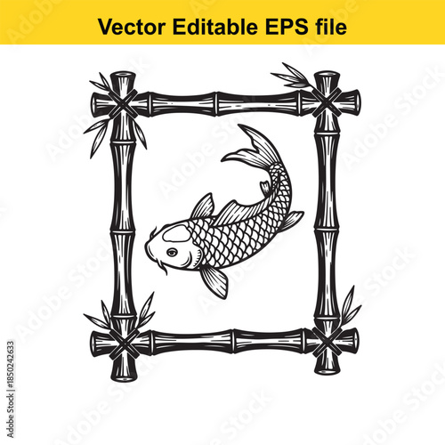  black and white illustration of a koi fish in a bamboo frame isolated on white background