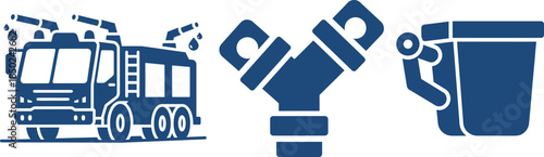 Firefighting Equipment Icons Fire Truck Water Nozzle Bucket fire engine water cannon