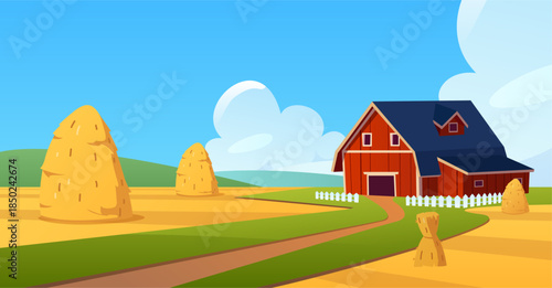 Haystacks and wooden barn house in fields vector flat illustration, cartoon cone hayloft on autumn nature landscape