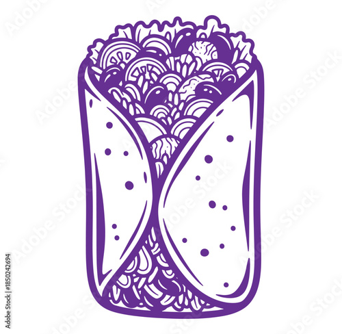 Illustrated burrito filled with vegetables and meats showing a delicious mexican cuisine concept