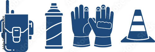 Set of Emergency Response Equipment Icons Including Walkie Talkie Gloves and Cone radio communication device