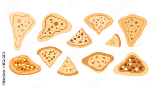 Collection of Assorted Tasty Pizza Slices with Various Toppings and Crust Styles