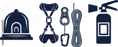 Safety Equipment Icons Including Fire Extinguisher Climbing Gear and Bell vector illustration