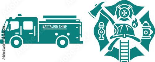 Teal Fire Truck and Firefighter Emblem with Axe Helmet Hydrant battalion chief Maltese cross