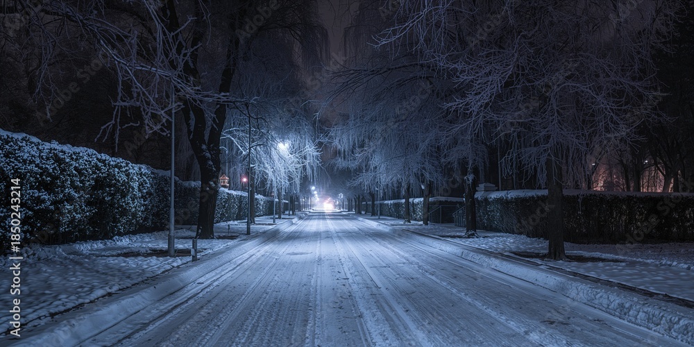 Fototapeta premium Snow-covered empty street with winter atmosphere, seasonal change and urban preservation