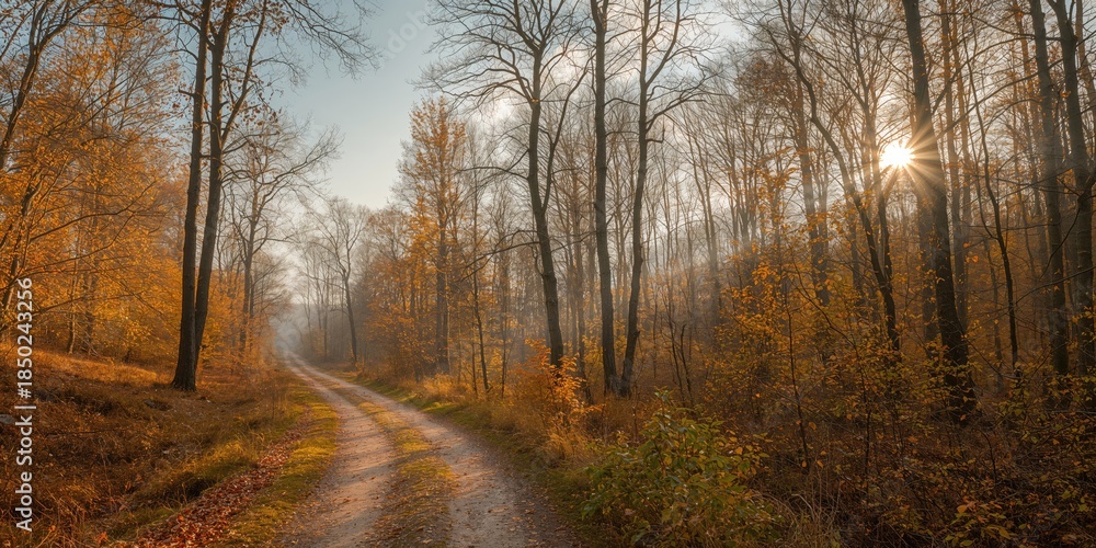 Obraz premium Autumn forest scene with fallen leaves and bare trees during late November, seasonal change awareness day