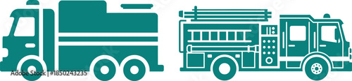 Teal Icons of a Fuel Tanker Truck and a Fire Truck on a White Background engine