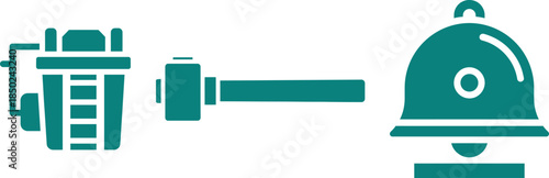 Teal Icons of a Generator, Hammer, and Bell on a White Background power electricity